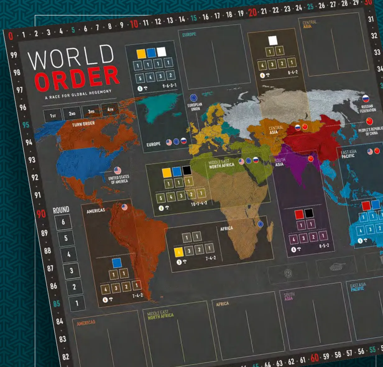 The main board: seven Regions, the VP track and the Turn Order track