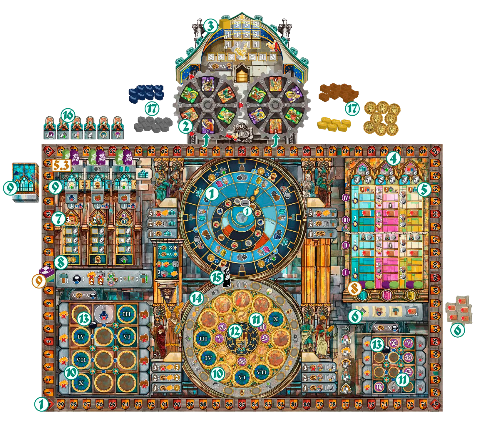 The Orloj main board set up for four players