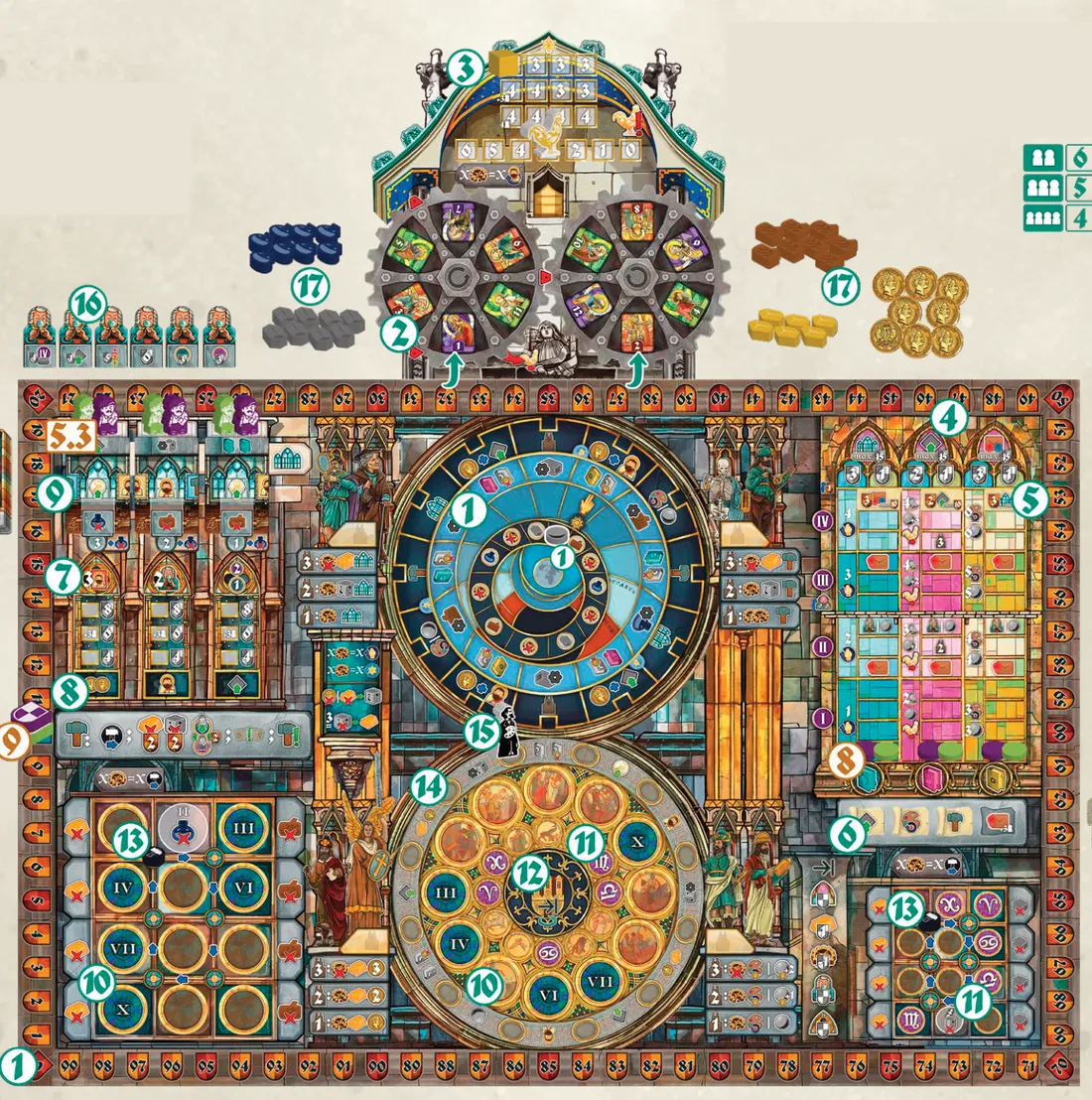 The main board set up for four players, with the rulebook’s setup numbers